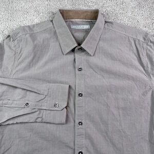 7 Diamonds Shirt Mens XL Grey Tan Stripes Slim Fit Radio Protector Button Up